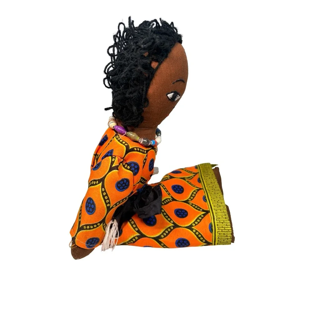VTG Handmade African Folk Art Cloth Doll Orange Geometric Dress‎ Beaded Necklace